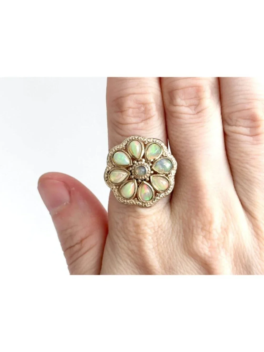 Teardrop Yellow Opal Scalloped Floral Sterling Silver 925 Vintage Ring - sz 8